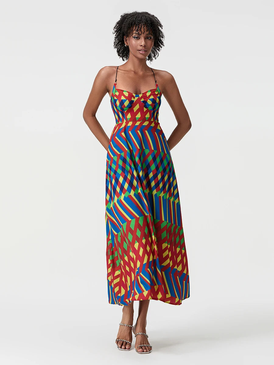 Women s Long Slip Dress Contrast Line Print Sleeveless Spaghetti Strap