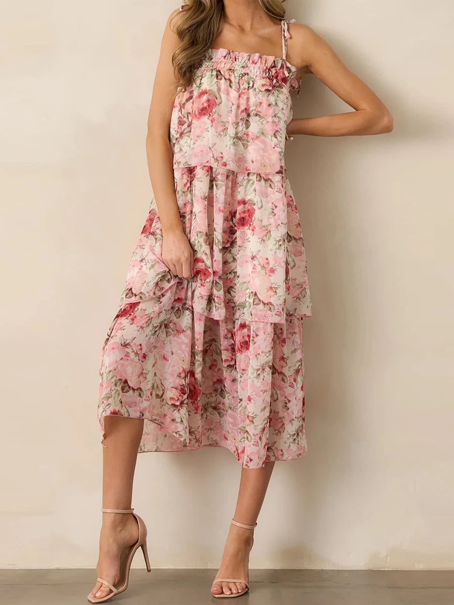 Women s Boho Floral Print Sleeveless Maxi Dress with V-Neckline and Tiered Ruffle Hem