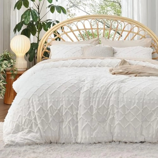 Queen Comforter Set - White Comforter, Boho Tufted Shabby Chic Bedding Comforter Set,