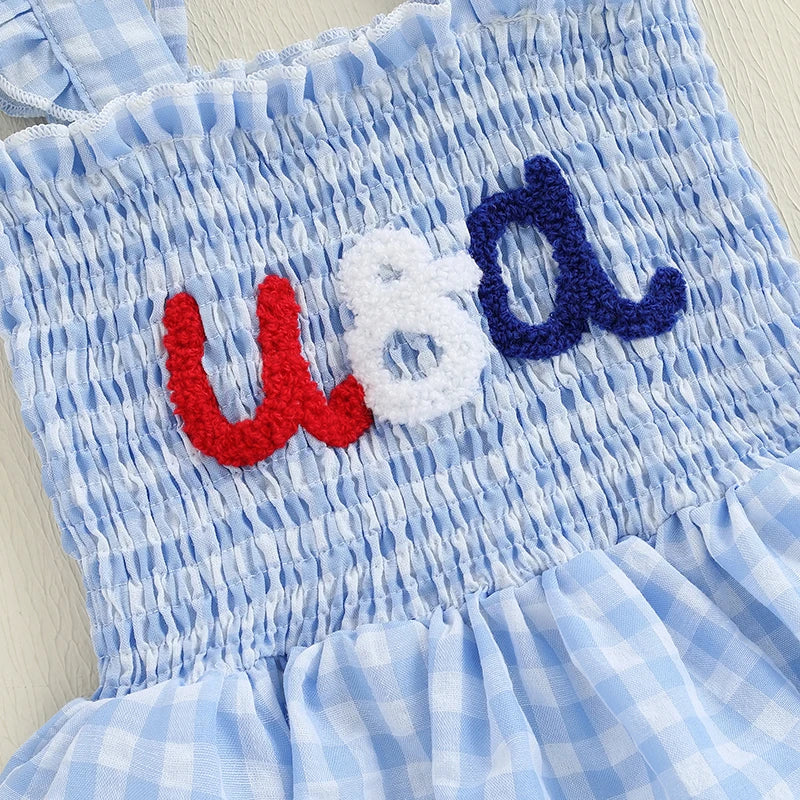 Independence Day Plaid Dress with Embroidered Stars and Stripes Smocked Flying Sleeve