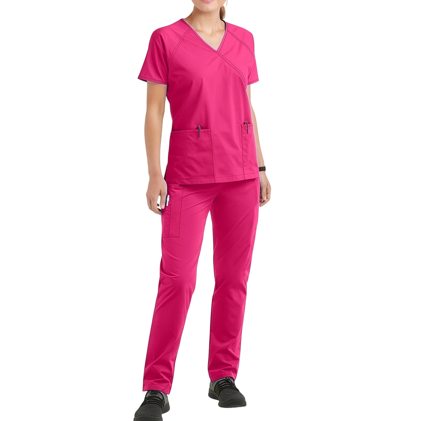 Women's Nurse Scrub Set V-Neck Short Sleeve Multi-Color Zipper Pocket Long Pants Medical Uniform Cozy Professional Workwear