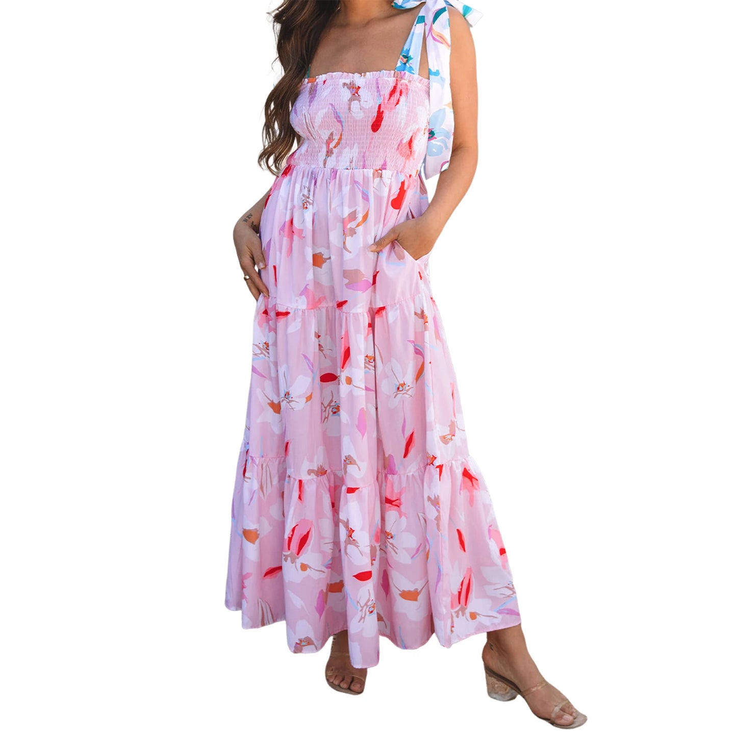 Women s Boho V-Neck Maxi Dress with Ruffle Hem and Adjustable Spaghetti Straps