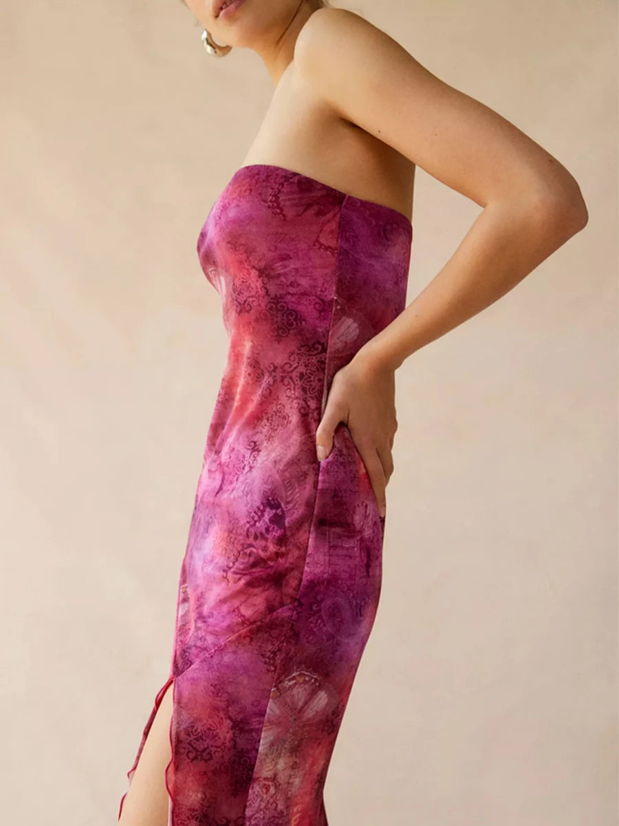 Women Floral Mesh Dress Summer Backless Strapless Split Party Dress