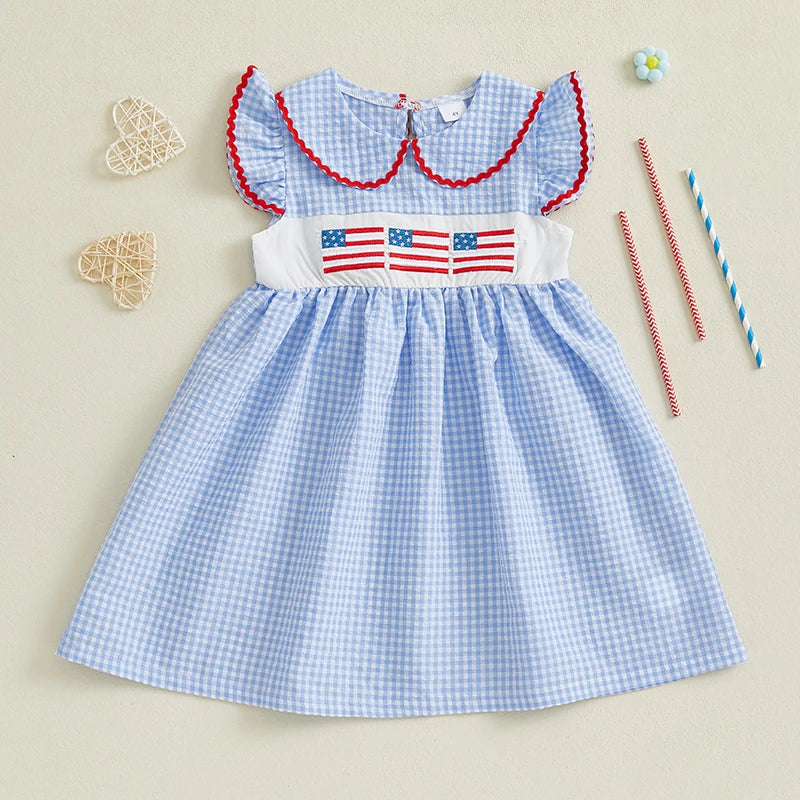 Girls Patriotic 4th of July Dress with Flutter Sleeves and Round Neckline American Flag