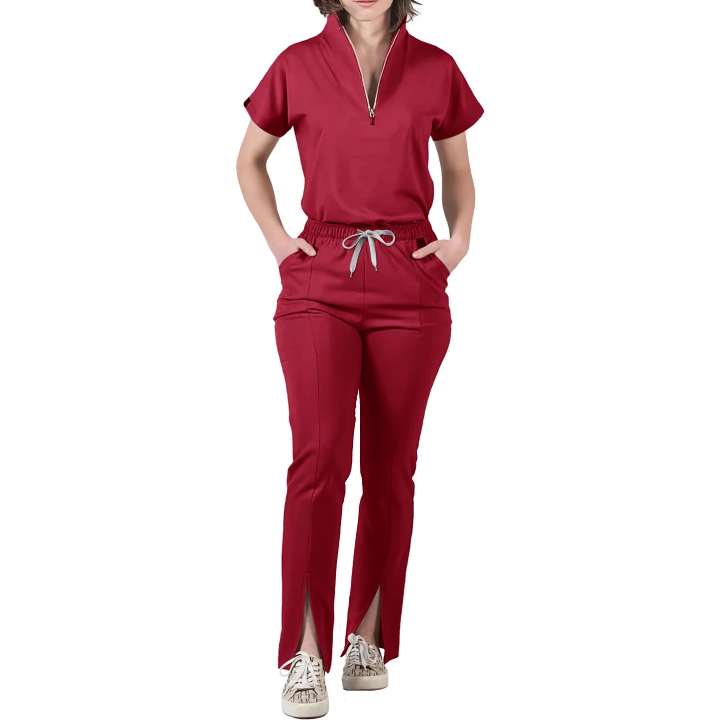 Women's Nurse Scrub Set V-Neck Half Zipper Short Sleeve Multi-Color Split Hem Pants Multi-Pocket