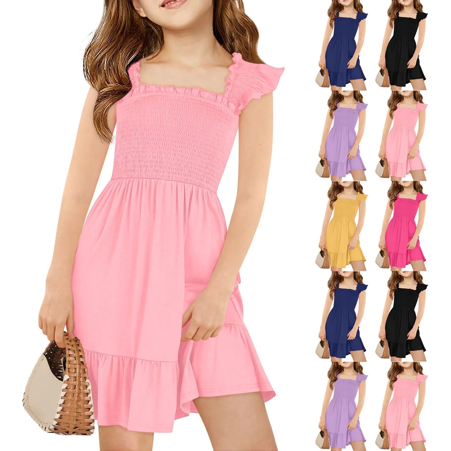 Solid Color Kids Girls Sumdress Summer Children Sleeveless Gown Dress