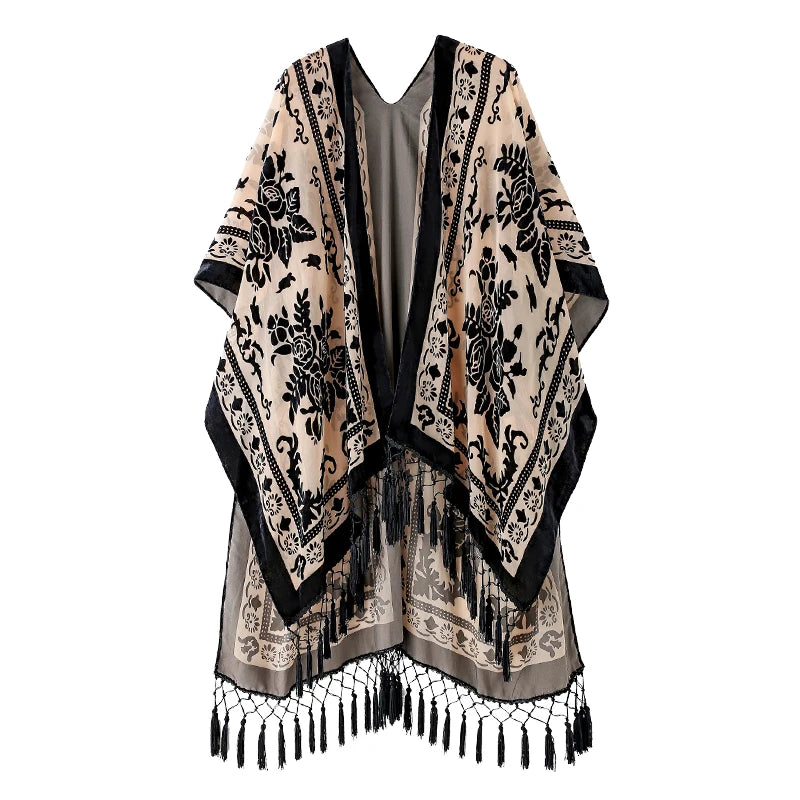 WeHello Women's Burnout Velvet Kimono Long Cardigan Cover Up with Tassel