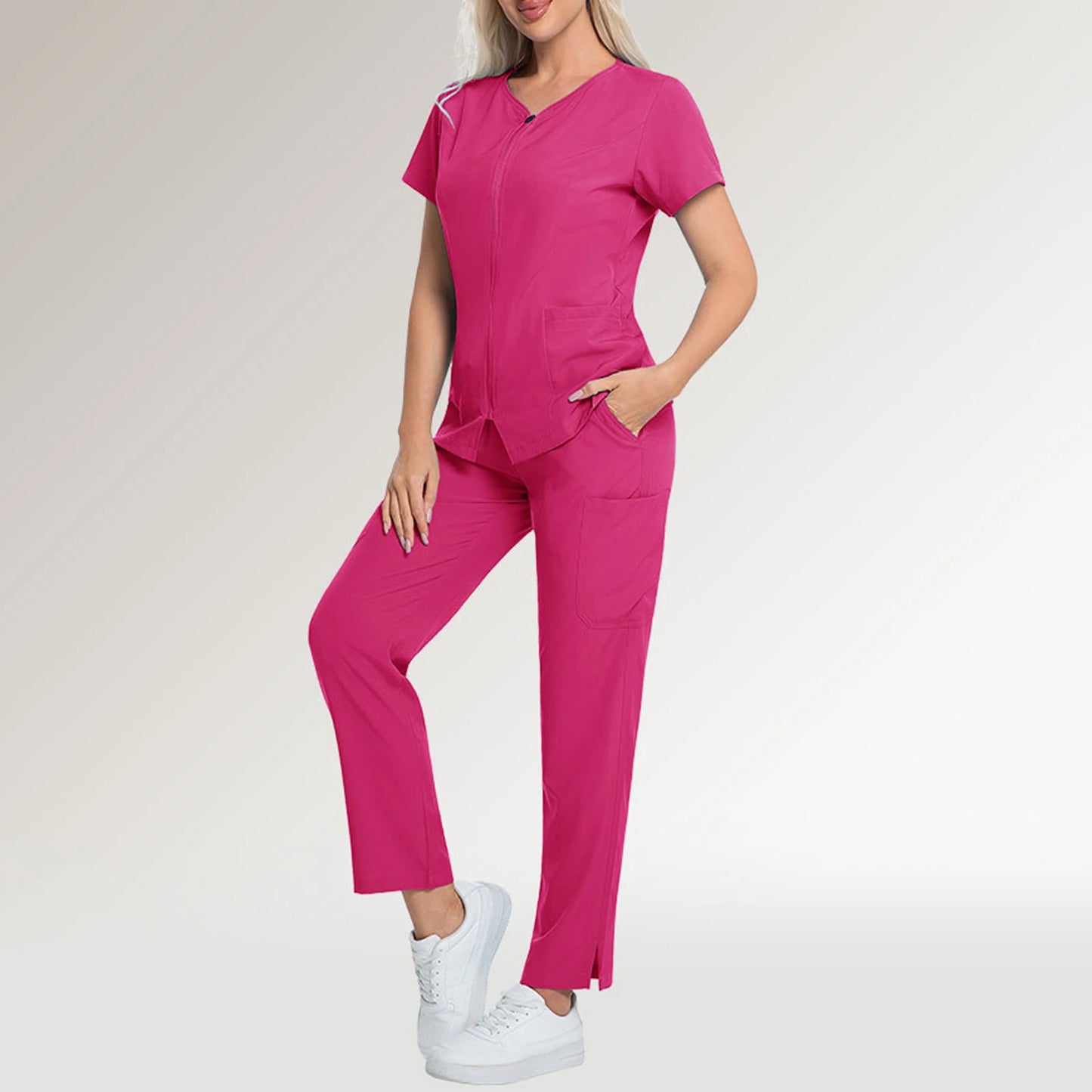 Scrub Set V-Neck Short Sleeve Zipper Multi-Pocket Solid Color Medical Uniform