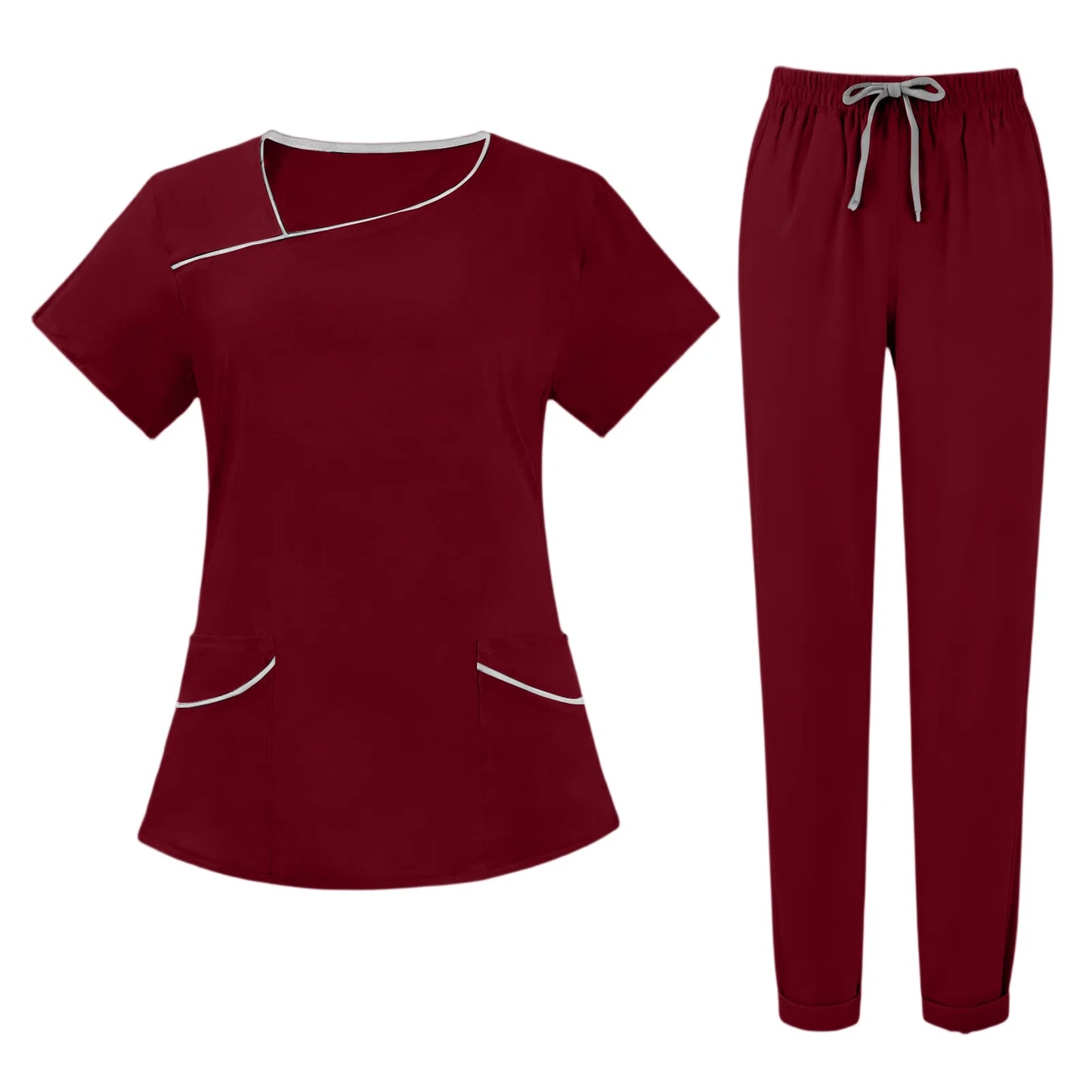 Women's Nurse Scrub Set Asymmetric Neck Short Sleeve Multi-Color Contrast Pocket Long Pants Medical Cozy Professional Workwear
