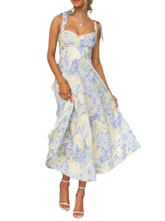 Women Sling Dress Sleeveless Low-cut Tie-up Flower Print