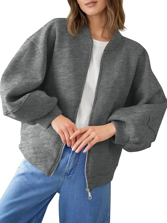 Fisoew Womens Full Zip Up Sweatshirt Jackets Casual Fleece Long Sleeve Loose Warm Bomber Jacket Coats Fall Outfits