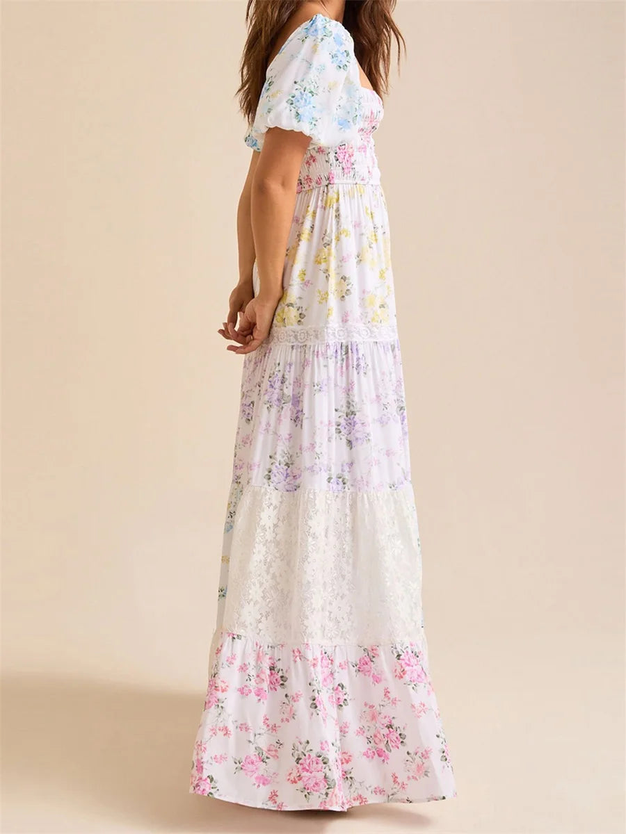 Elegant Floral Print Short Sleeve A-Line Dress with Ruffled Hem for Women