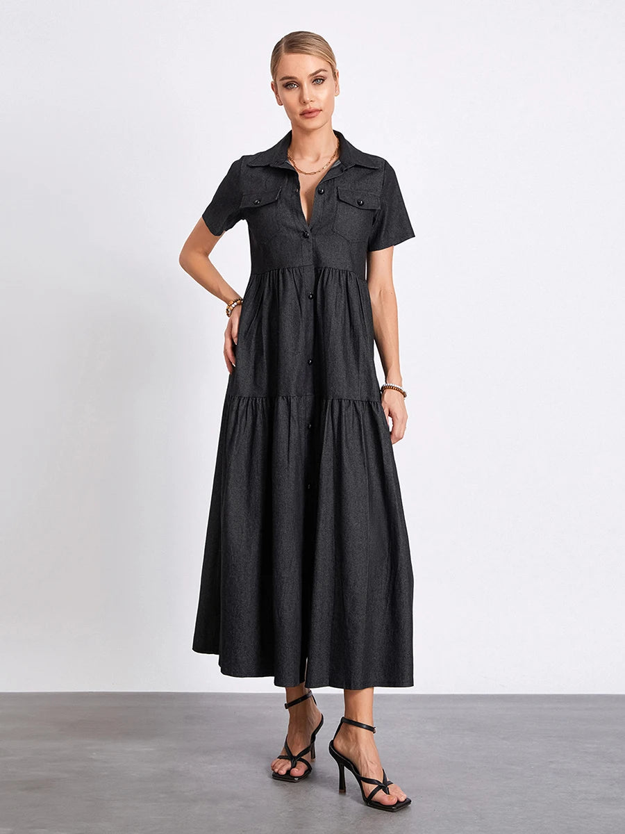 Women s Plus Size Denim Dress Short Sleeve Turn Down Collar