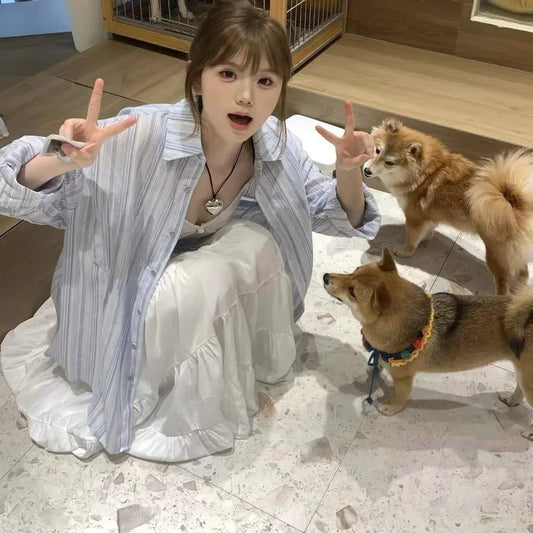 Cross-Border Factory Export Xiong Cardiganblue Striped Top