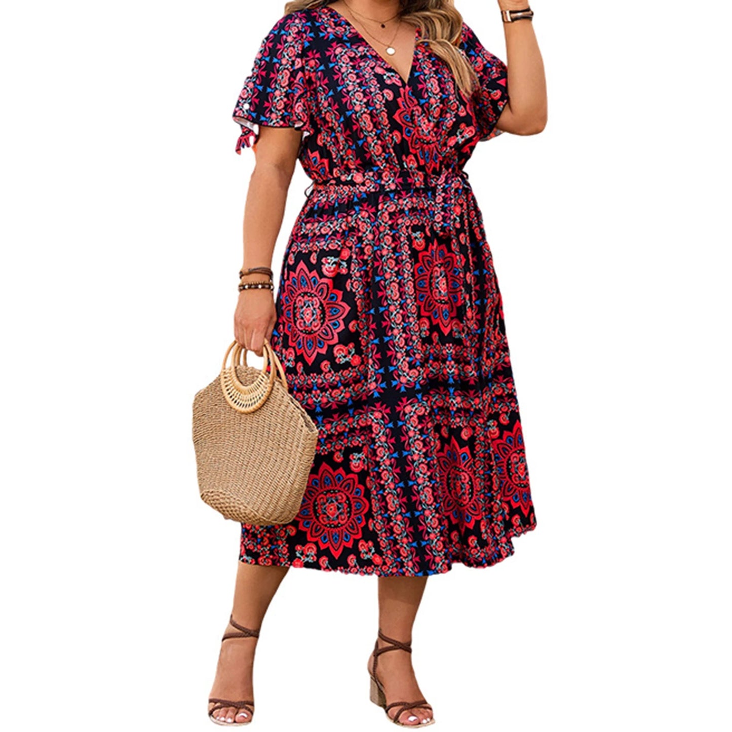 Women s Floral Print V Neck Short Sleeve Midi Dress with Slit