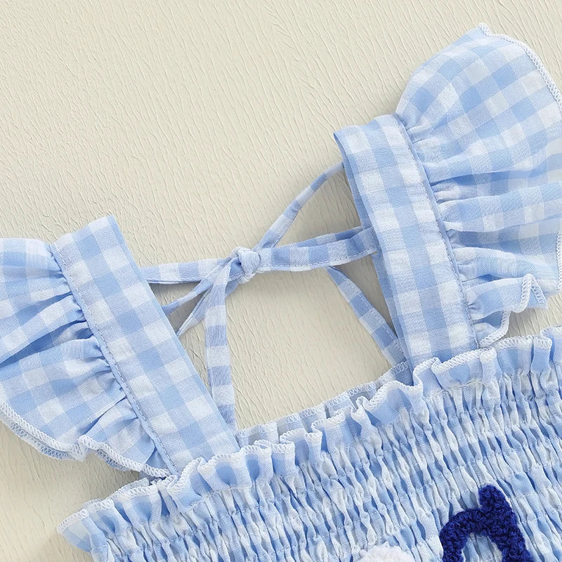 Independence Day Plaid Dress with Embroidered Stars and Stripes Smocked Flying Sleeve