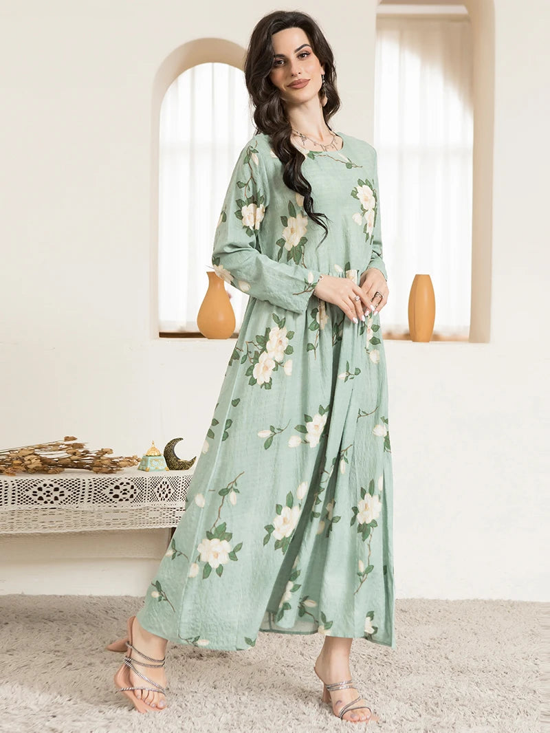Casual Round Neck Floral Print Wrinkle Spliced Long Dress Mint Green,