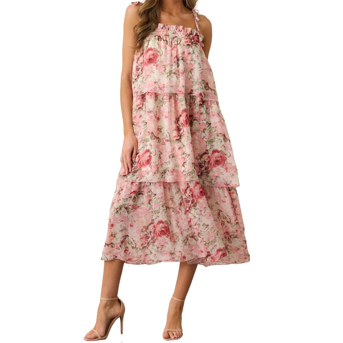 Women s Boho Floral Print Sleeveless Maxi Dress with V-Neckline and Tiered Ruffle Hem
