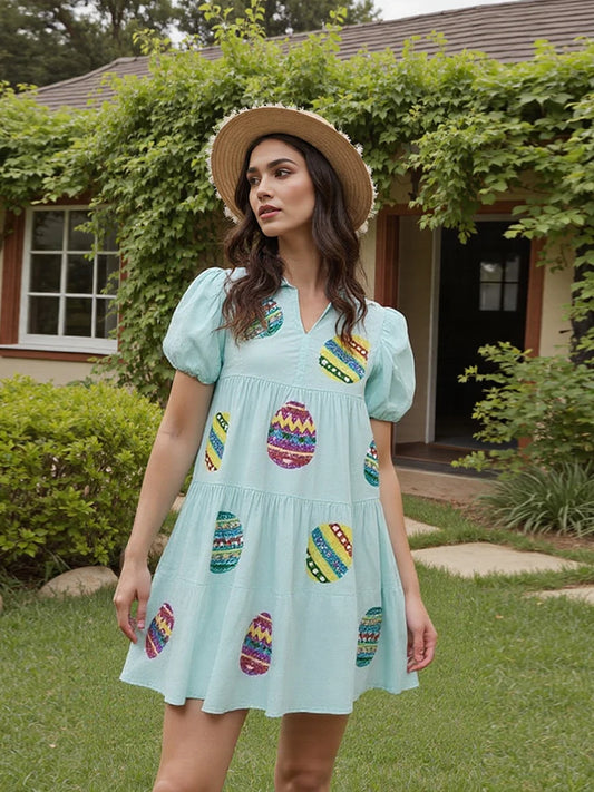 Women s Casual Loose Fit Mini Dress with Short Puff Sleeves and Round Neckline