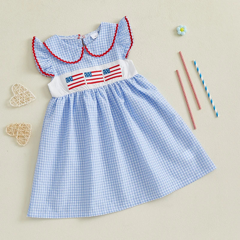 Girls Patriotic 4th of July Dress with Flutter Sleeves and Round Neckline American Flag