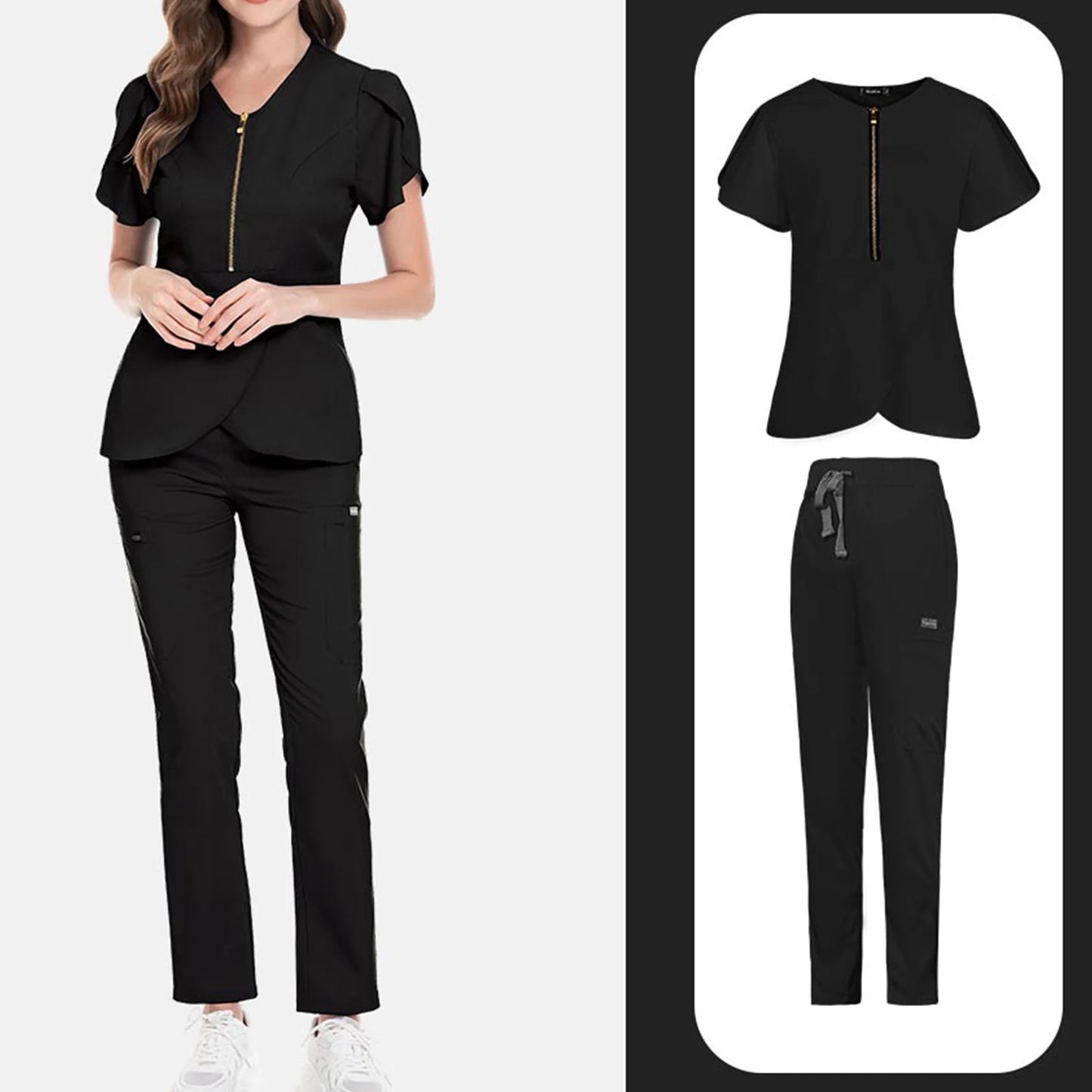 Women's Nurse Scrub Set V-Neck Short Sleeve Zipper Ruffle Sleeve Multi-Color Long Pants