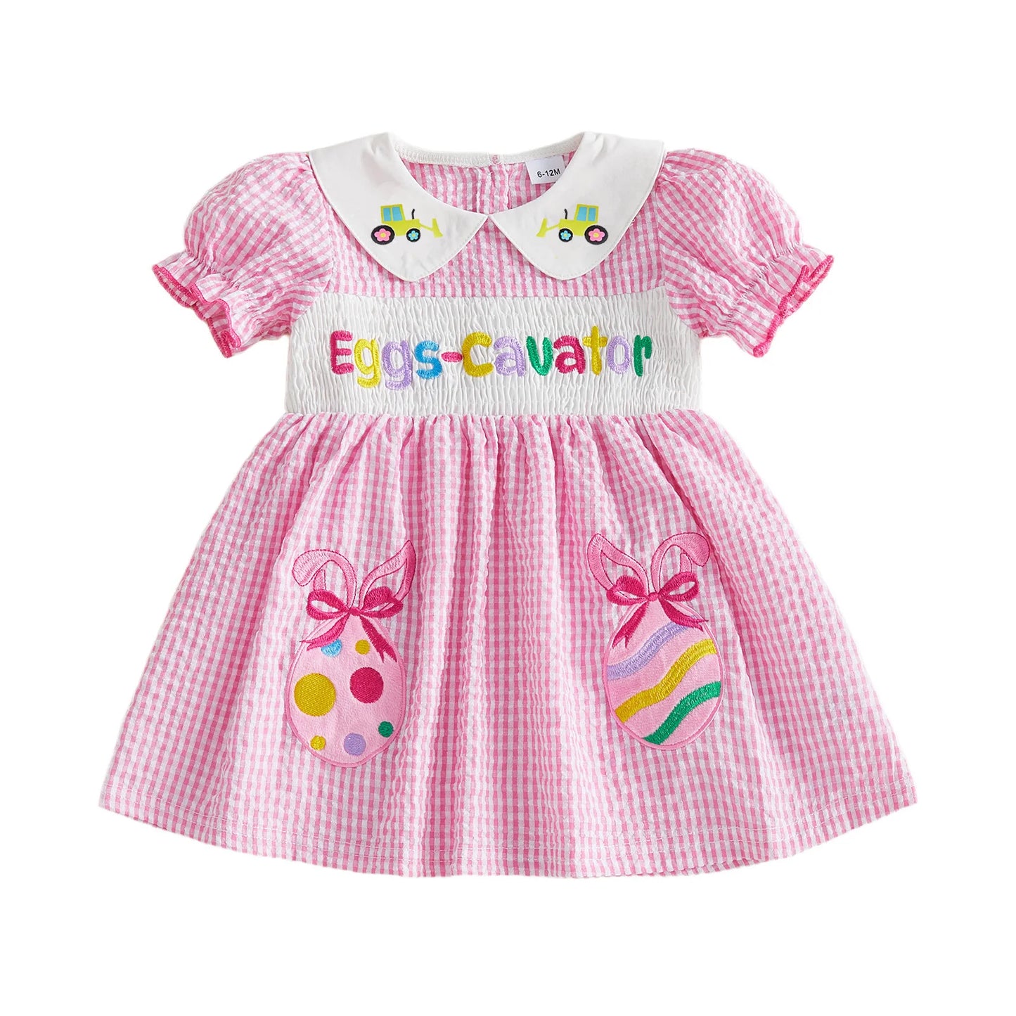 Little Girls Easter Dress Summer Short Sleeve Doll Collar Egg Letter Embroidery Plaid Dress