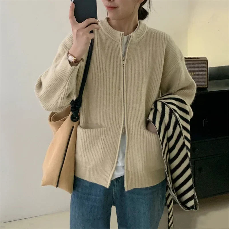 Cozy Knit Cardigan Jacket With Double Zipper For Autumn Winter
