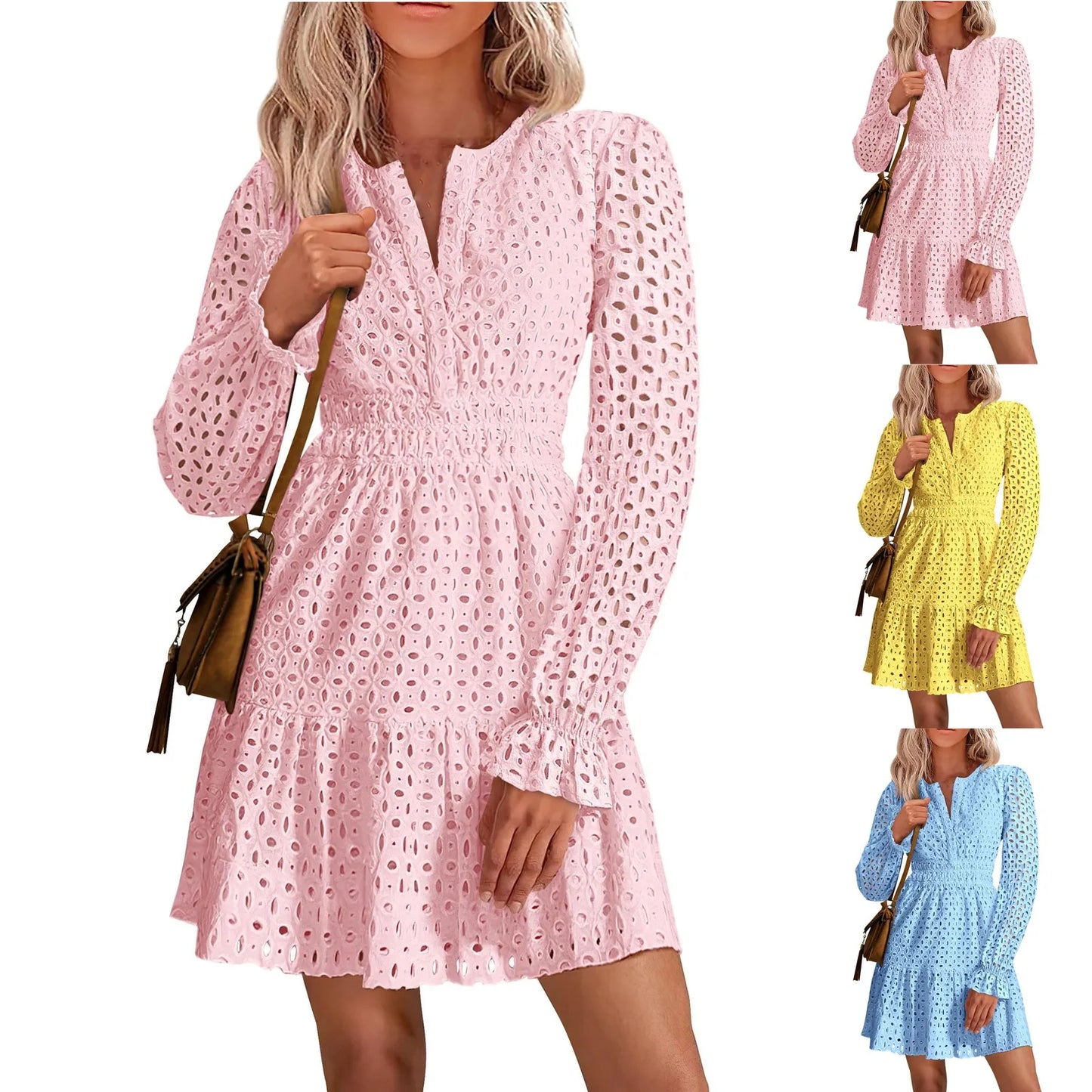 Spring Summer Elegant Short Dress Cross V-neck Contrast Polka Dot