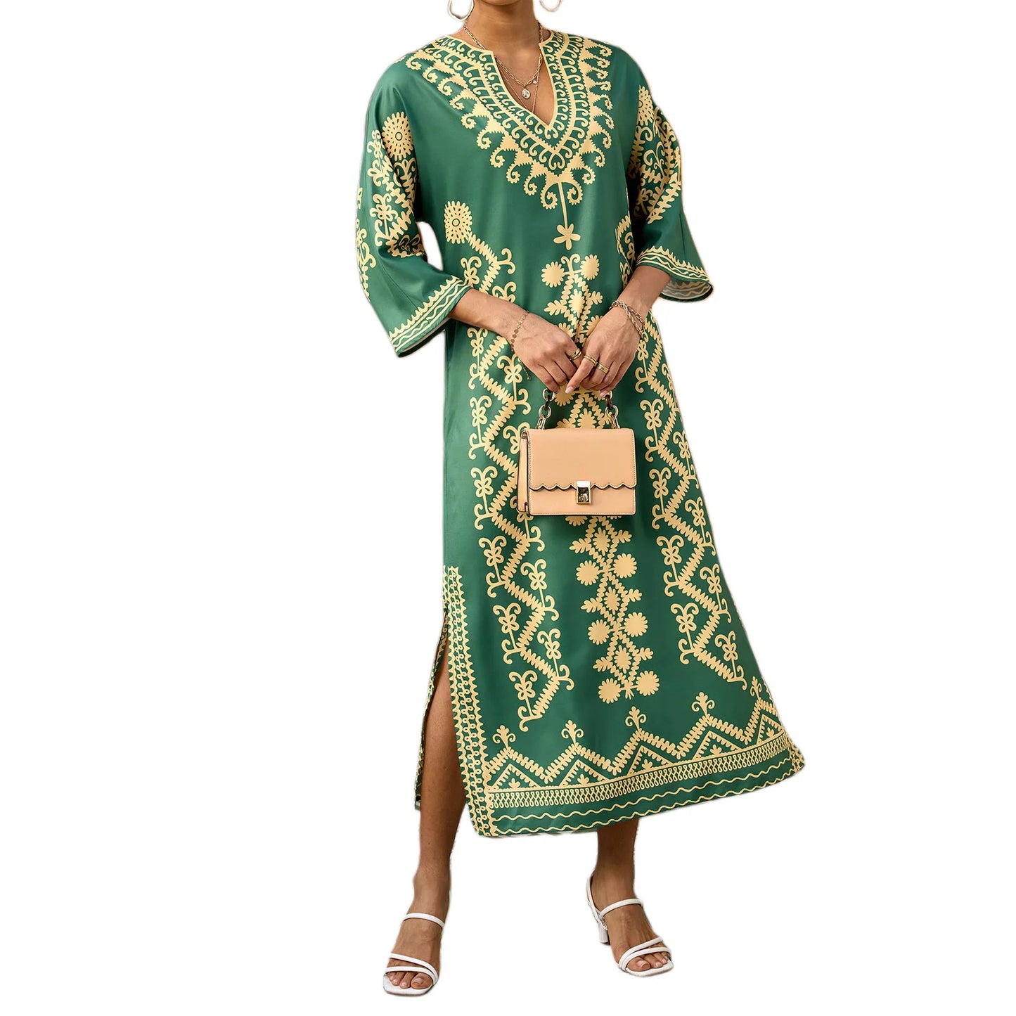 Elegant 3 4 Sleeve V-Neck Maxi Dress with Retro Print Perfect for Ramadan