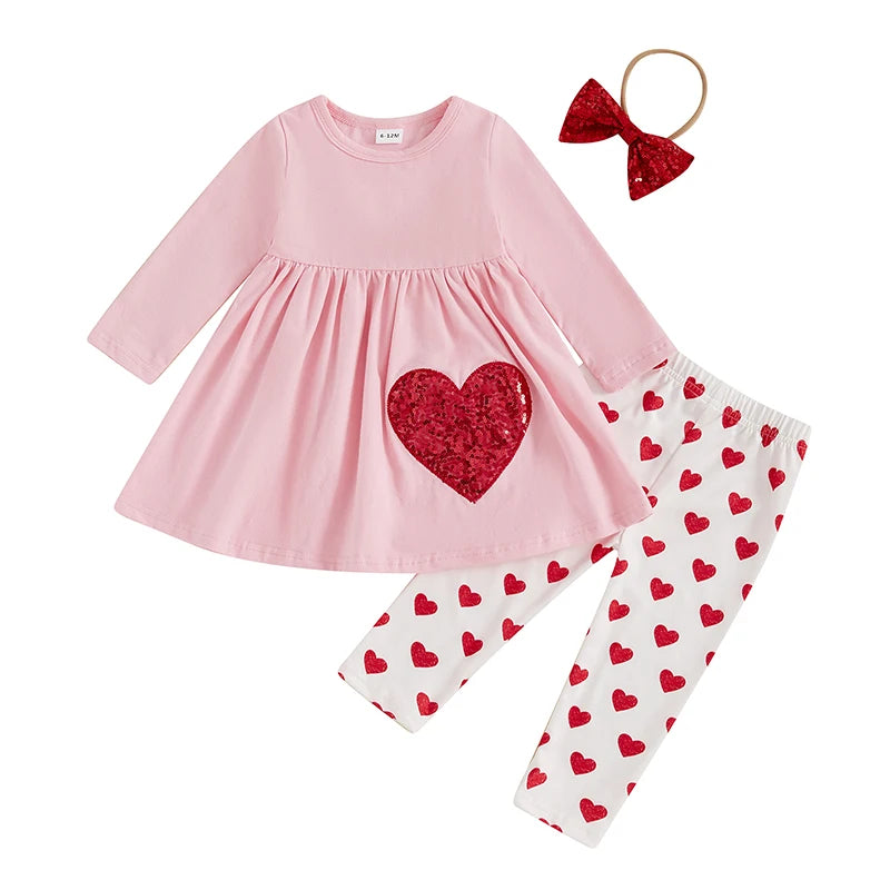 Cute Baby Girl Autumn Ensemble Glitter Heart Print Dress Cozy Pants