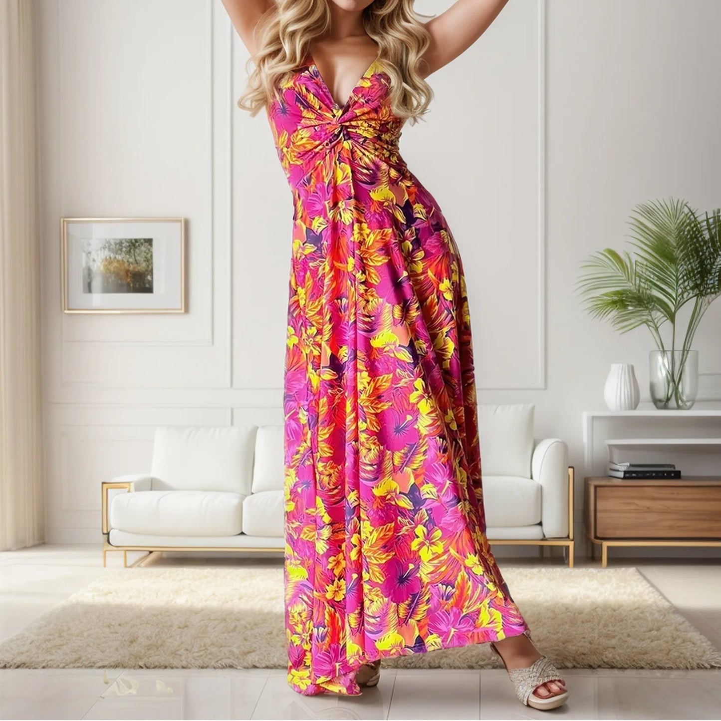 Strappy Boho Beach Long Dress 2024 Women's Summer V Neck Slim Sleeveless