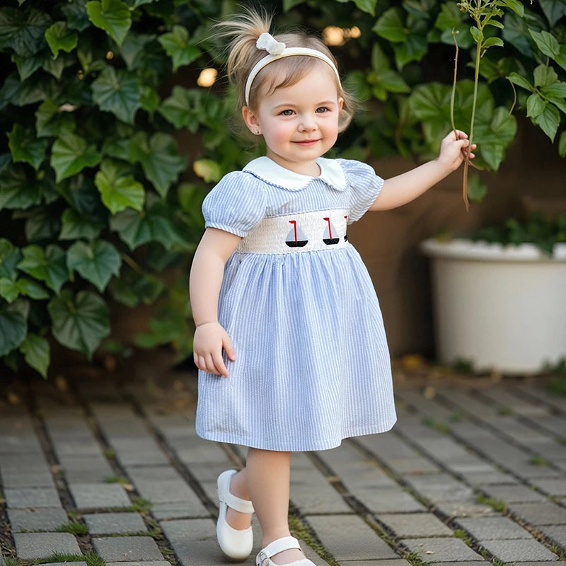 Child Girl Summer Striped A-Line Dress with Doll Collar Short Sleeves