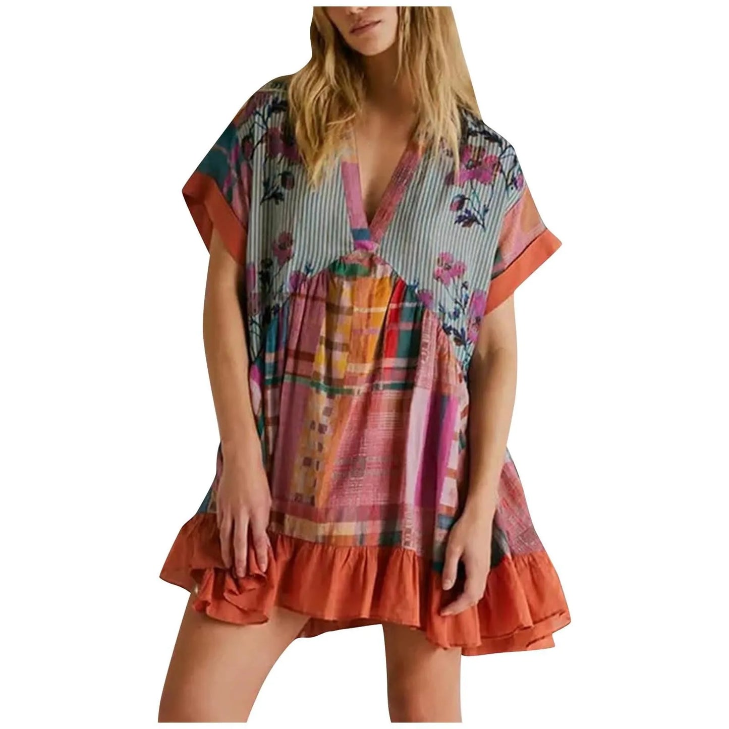 Women Boho Beach Mini Dress 2024 Summer V Neck Short Sleeve