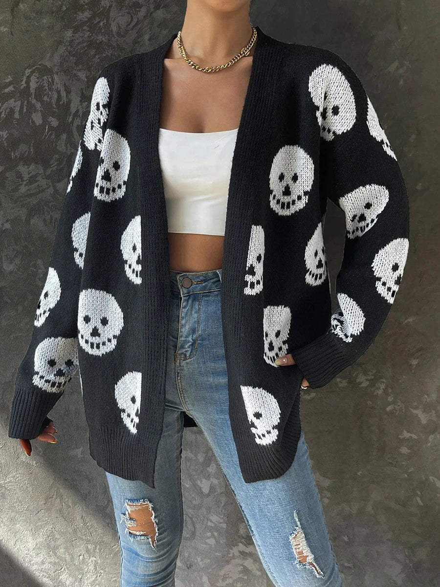 Women Halloween Skull Knit Cardigan Open Front Long Sleeve