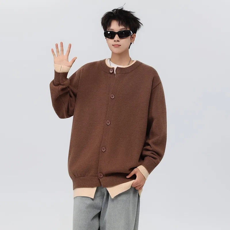 Men's Knit Cardigan Jacket With Block Pattern For Winter