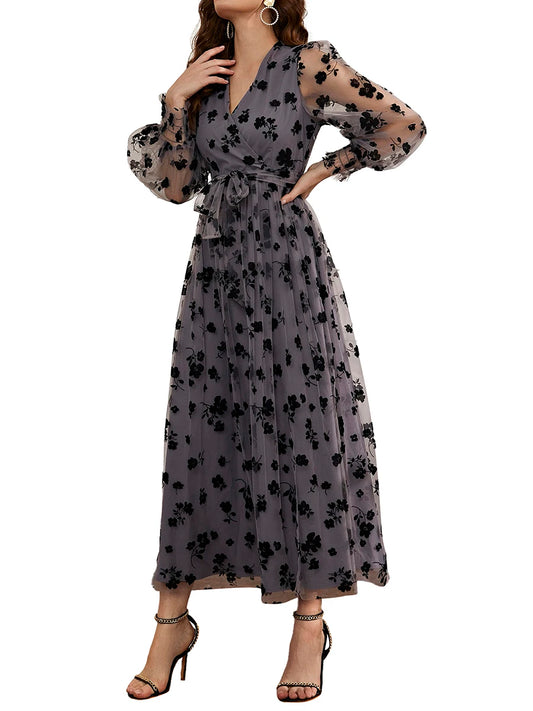 Floral Embroidered Belted Maxi Dress With Long Sleeves For Events