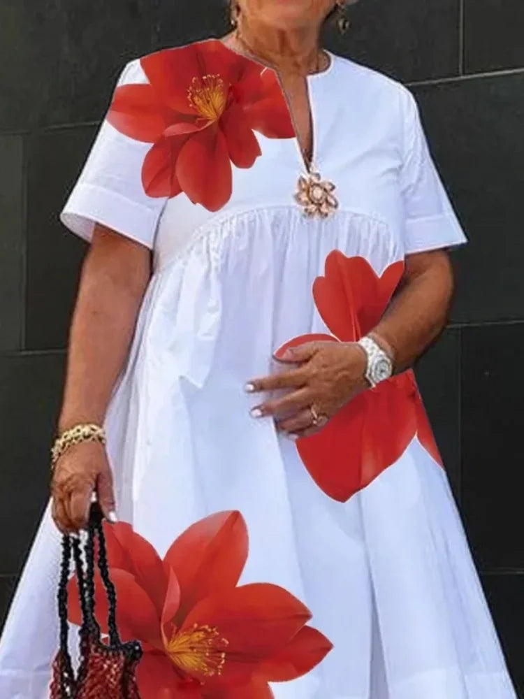 Women Midi Shirts Dress Summer New Dress 2025 V-Neck Pleated Short Sleeves