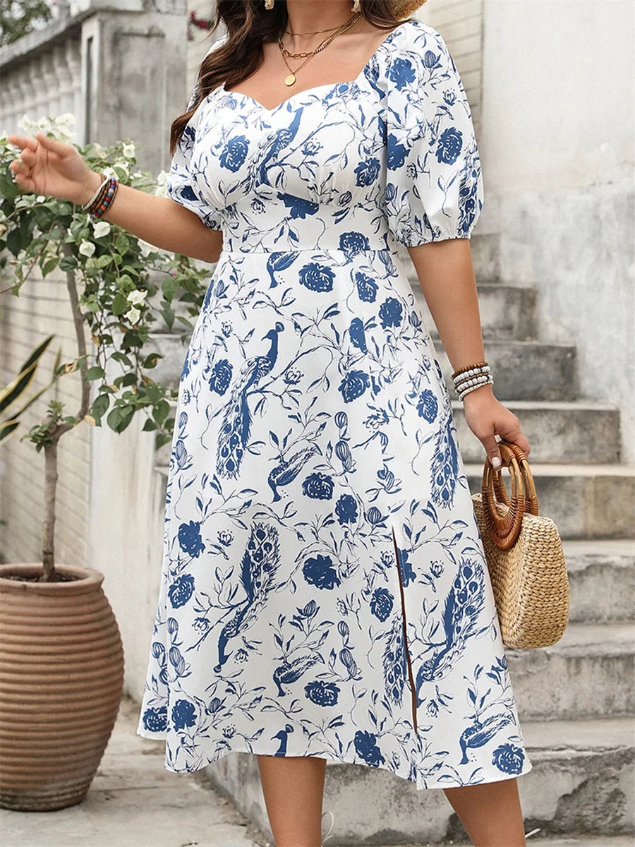 Elegant Lace Plus Size Dress Off Shoulder Short Sleeve High Low Hem A-line Midi Dress