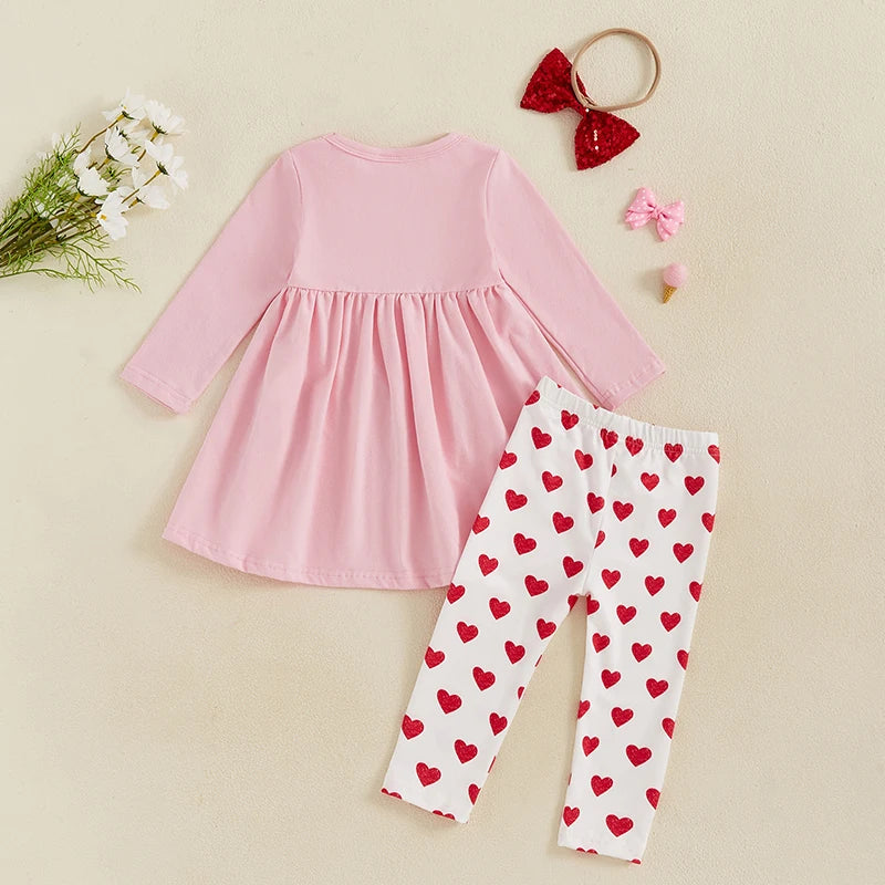 Cute Baby Girl Autumn Ensemble Glitter Heart Print Dress Cozy Pants