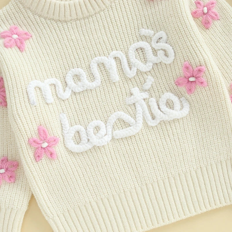 Cute Baby Girls Knit Sweater with Floral Embroidery and Cozy Long Sleeves -