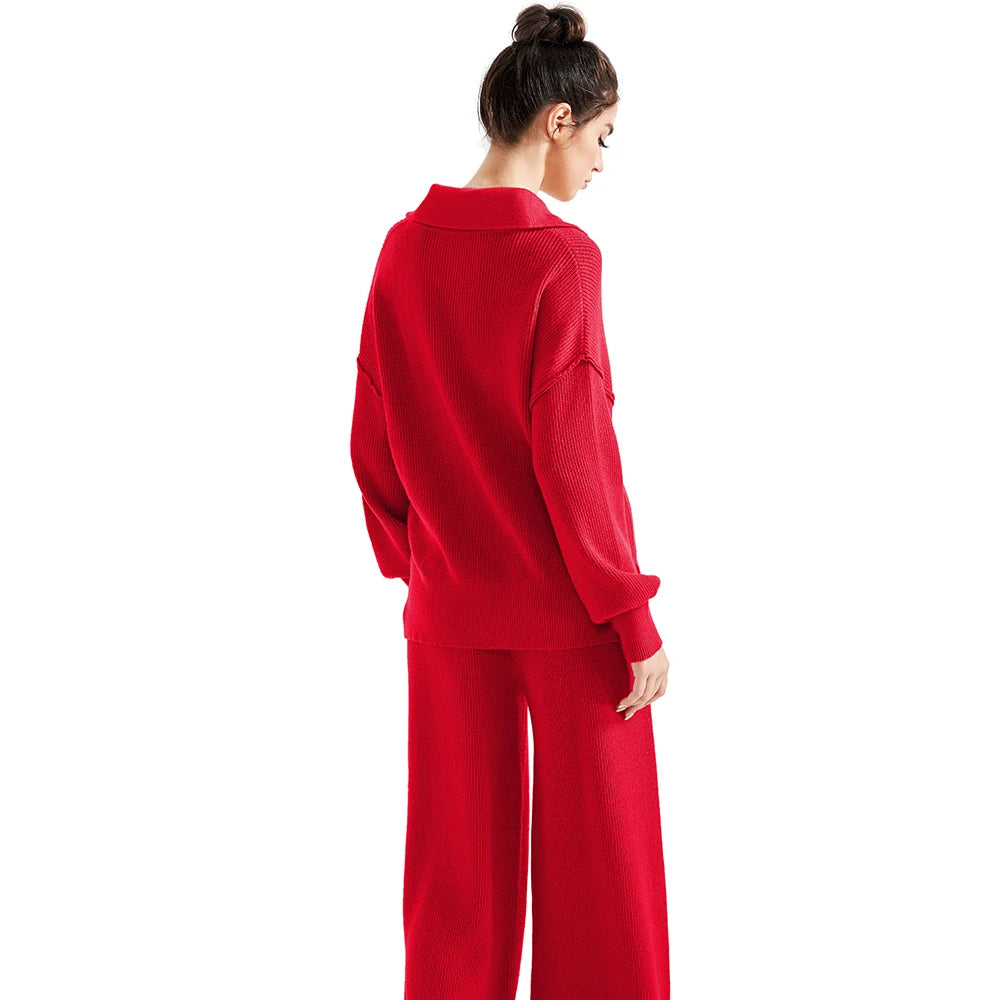 Two Piece Lounge Set Tracksuit Oversized Zip Pullover Polo Neck