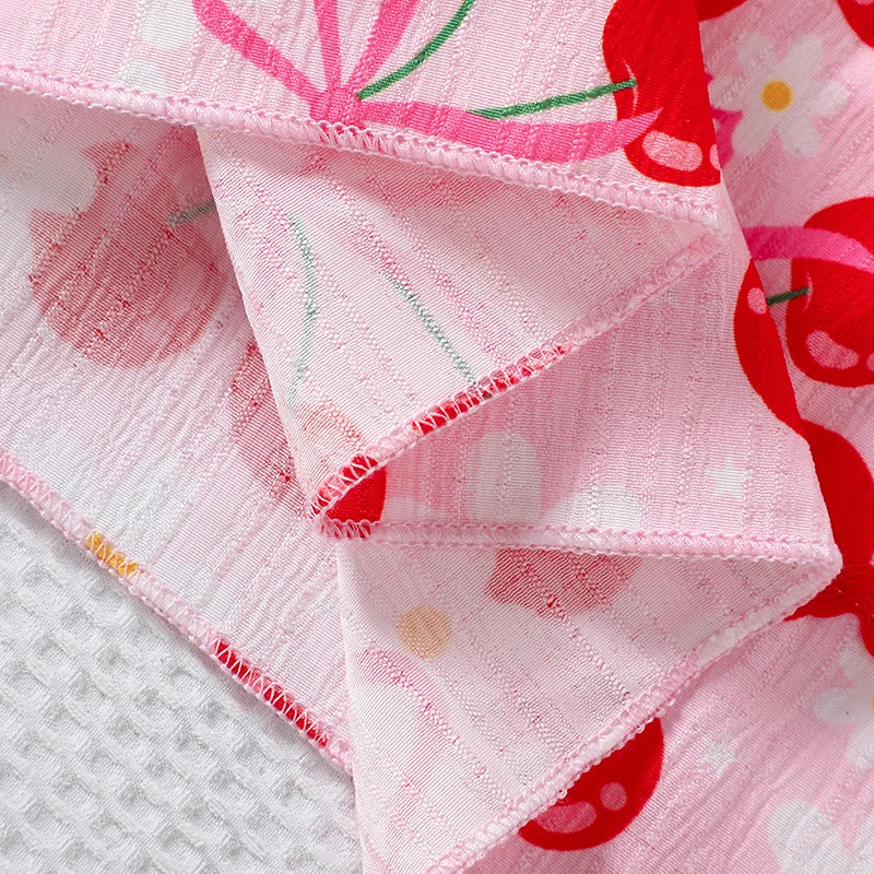 Girls Sleeveless Floral Print A-line Dress with Bow Detail and Cherry Pattern