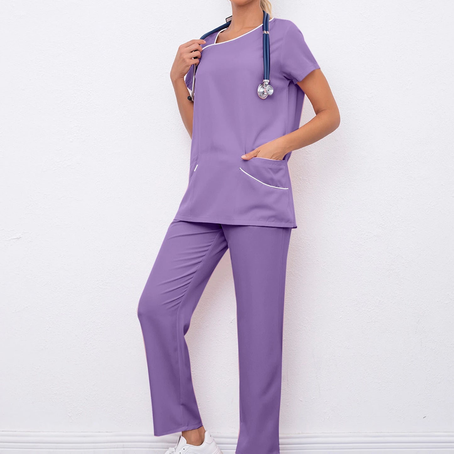 Women's Nurse Scrub Set Asymmetric Neck Short Sleeve Multi-Color Contrast Pocket Long Pants Medical Cozy Professional Workwear