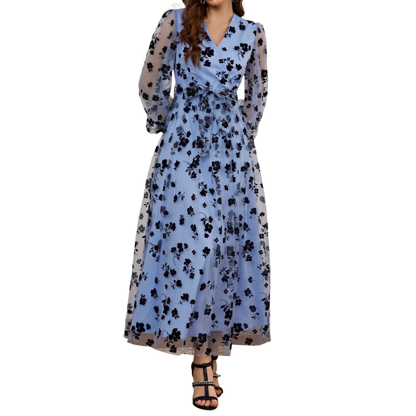 Floral Embroidered Belted Maxi Dress With Long Sleeves For Events