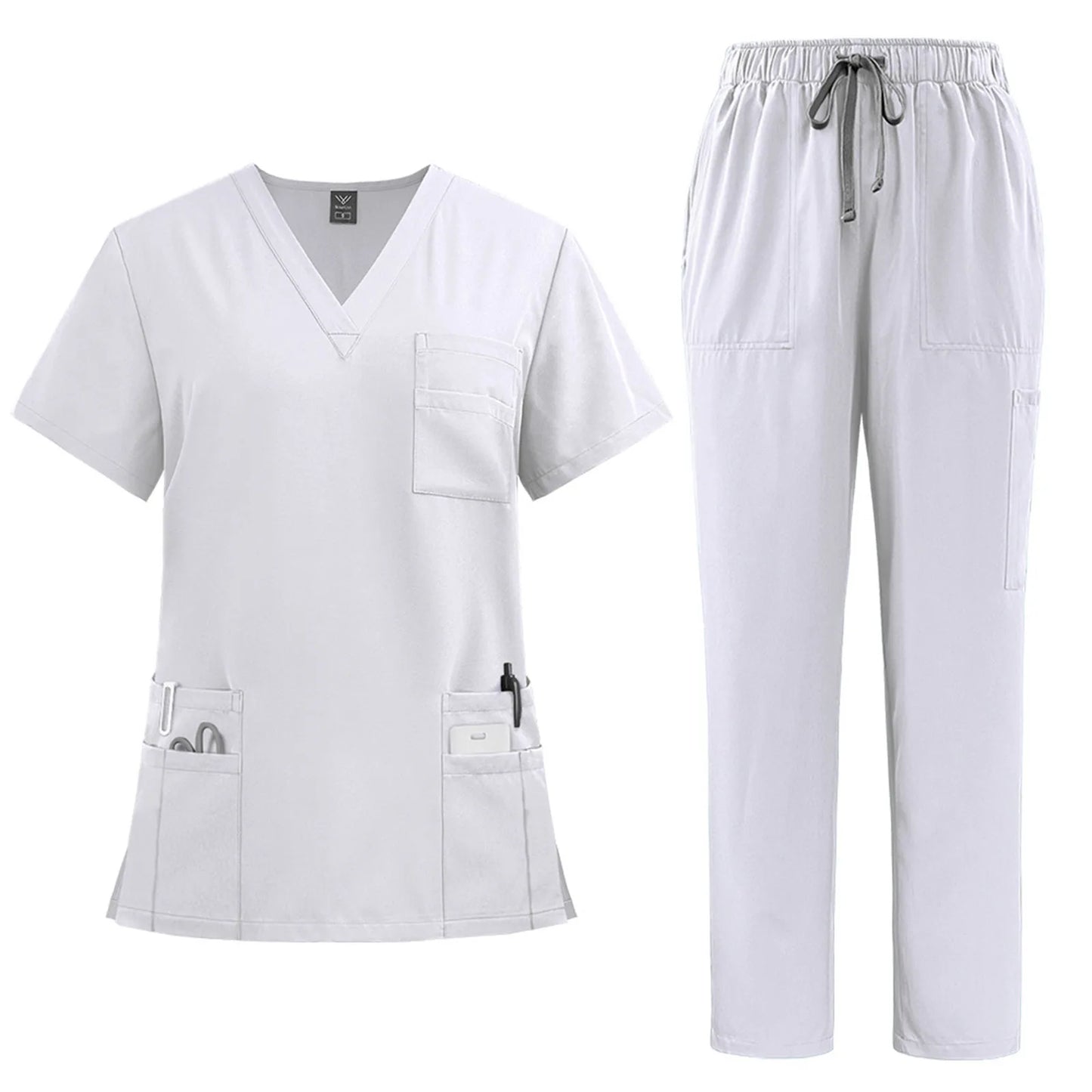Women's solid color nurse uniform quick-drying fabric v-neck short-sleeved trousers suit