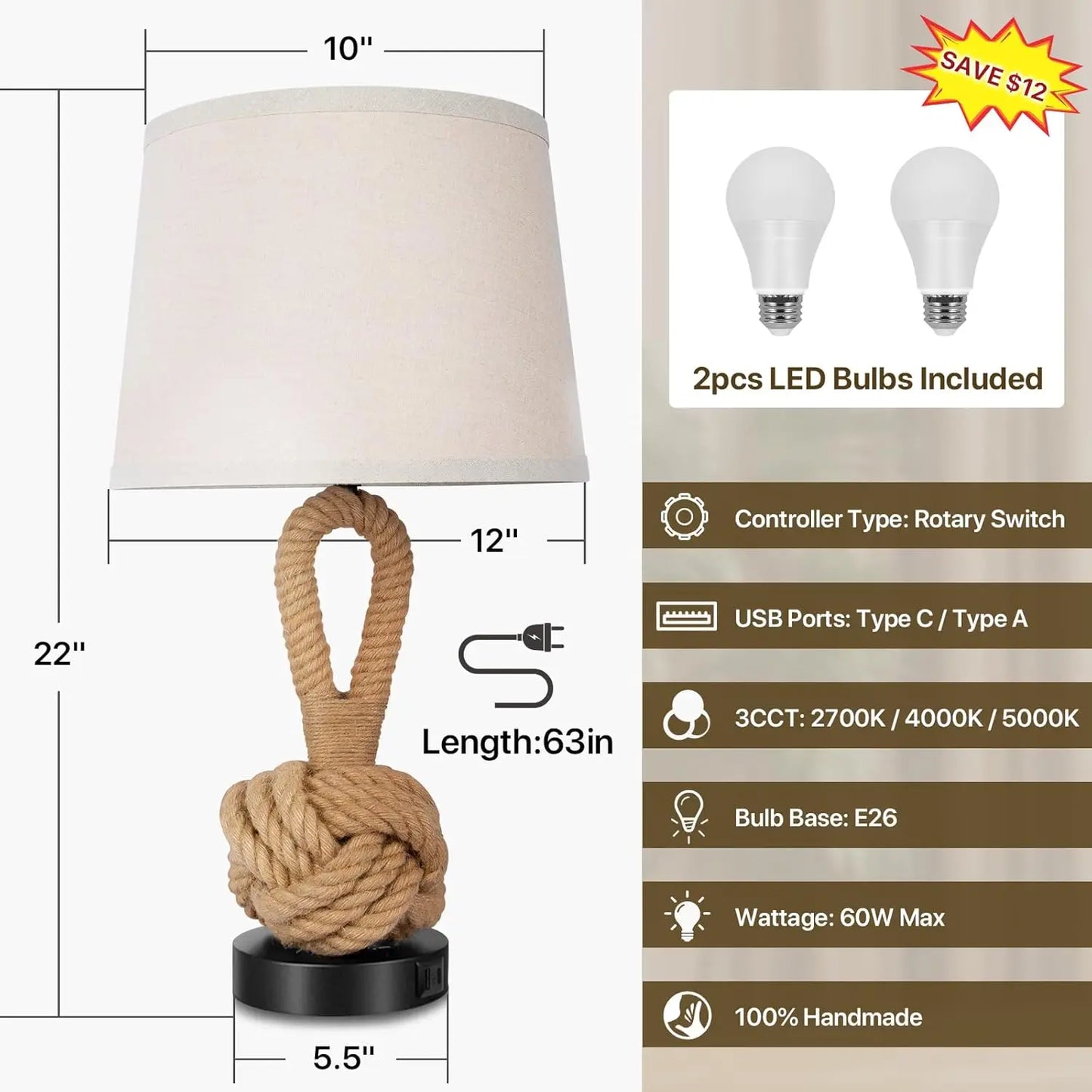Rattan Table Lamps Set Of 2 With USB Ports And Three Color Temperatures