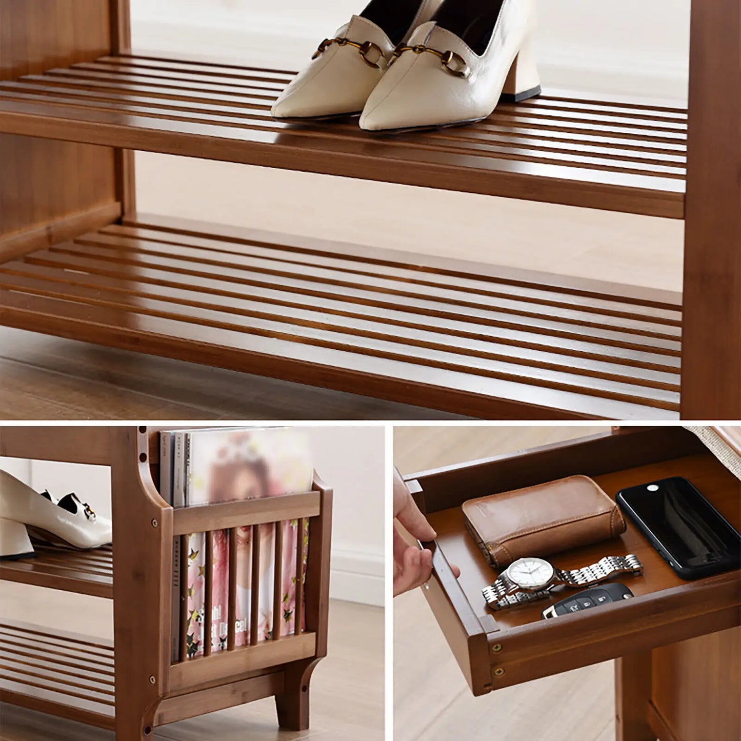 Bamboo 2-Tier Shoe Rack Bench, Removable Cushion Entryway Shelf