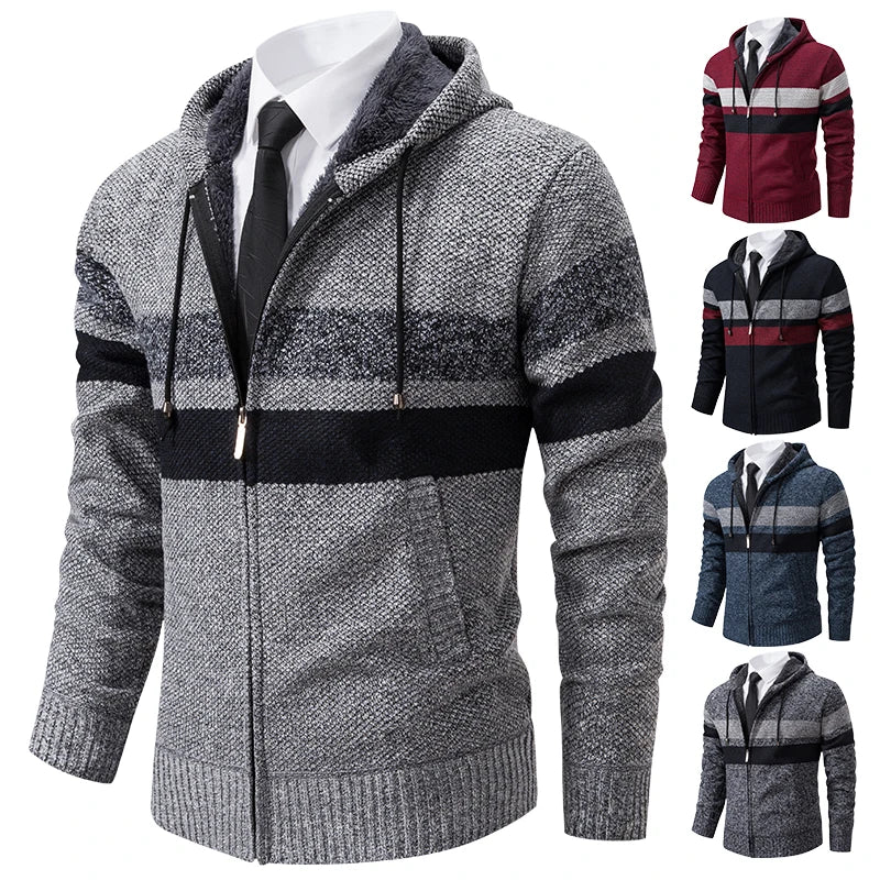Men's Striped Hooded Cardigan Coat Velvet Padded Knit