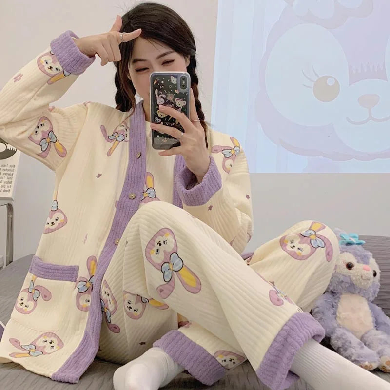 Autumn Winter Fashion Maternity Pajamas Cotton Jacket Pants And Breast Feeding Three Pieces