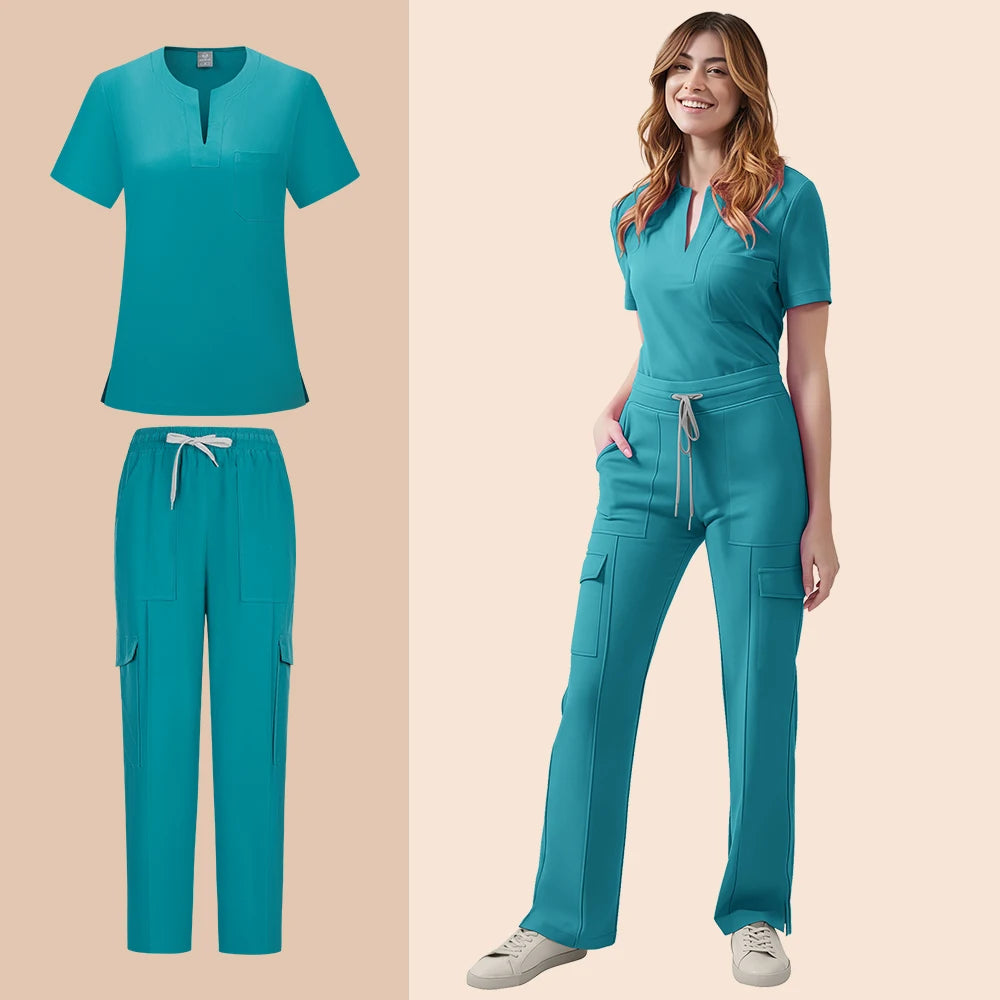 Medical Scrubs Uniform Women Nurse Scrub Set Pocket Top+Pants 2 Piece Suit